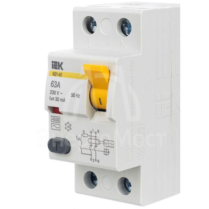 Выключатель дифференциального тока (УЗО) 2п 63А 30мА тип AC ВД1-63 IEK MDV10-2-063-030
