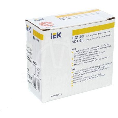 Выключатель дифференциального тока (УЗО) 2п 63А 30мА тип AC ВД1-63 IEK MDV10-2-063-030