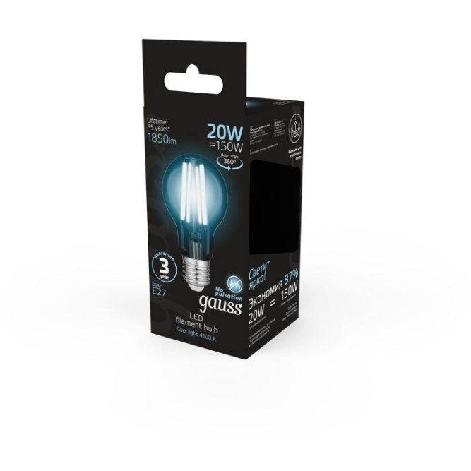 Лампа светодиодная филаментная Black Filament 20Вт A60 грушевидная 4100К нейтр. бел. E27 1850лм GAUSS 102902220