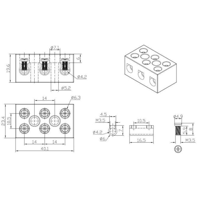 Клемма керамическая винтовая 10кв.мм 3 пары контактов с крепежным отверстием (уп.84шт) Rexant 07-6226