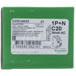 Выключатель автоматический дифференциального тока 2п (1P+N) C 20А 30мА тип AC 4.5кА EASY9 2мод. SchE EZ9D34620