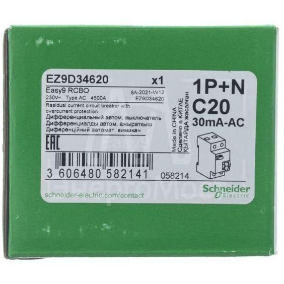 Выключатель автоматический дифференциального тока 2п (1P+N) C 20А 30мА тип AC 4.5кА EASY9 2мод. SchE EZ9D34620