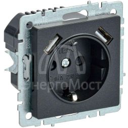 Розетка BRITE РЮш10-1-БрЧ 16А с USB A+A 2.1А с заземл. защ. шторки черн. IEK BR-R14-16-U21-D21-K02