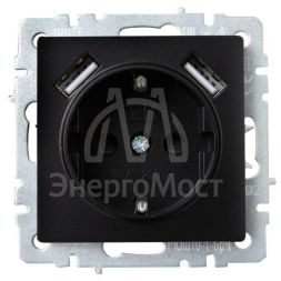 Розетка BRITE РЮш10-1-БрЧ 16А с USB A+A 2.1А с заземл. защ. шторки черн. IEK BR-R14-16-U21-D21-K02