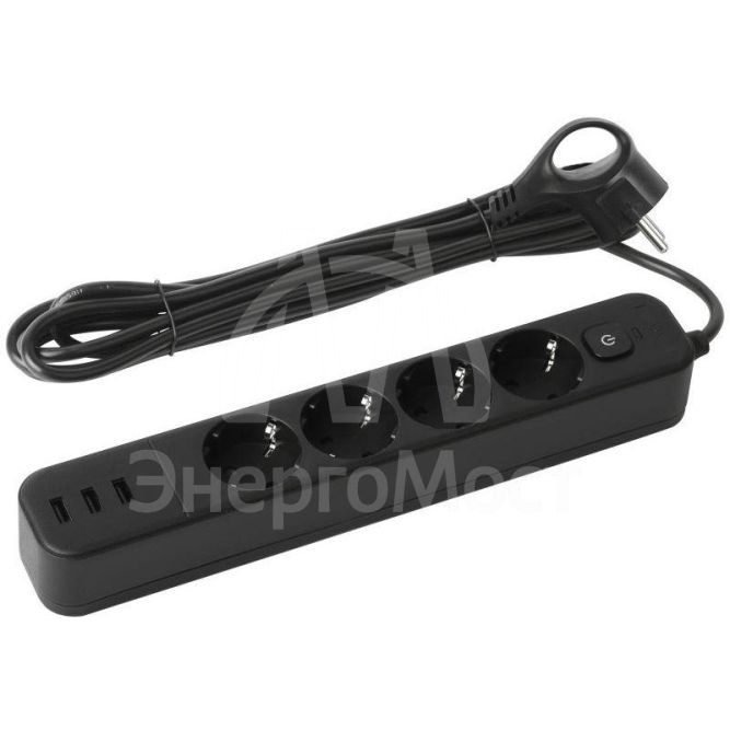 Удлинитель с сетевым фильтром 4х3м с заземл. 10А USF-4es-3m-3xUSBA-B +3xUSBA 3.1A с выкл. с базов. защитой Эра Б0059570