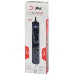 Удлинитель с сетевым фильтром 4х3м с заземл. 10А USF-4es-3m-3xUSBA-B +3xUSBA 3.1A с выкл. с базов. защитой Эра Б0059570