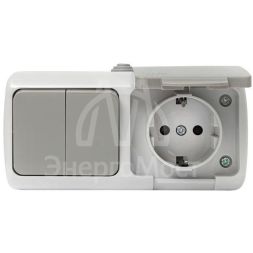 Блок ОП розетка 1-м 16А с заземл. с крышкой+выключатель 2-кл. Мурманск IP54 сер. EKF EFRV16-052-30-540