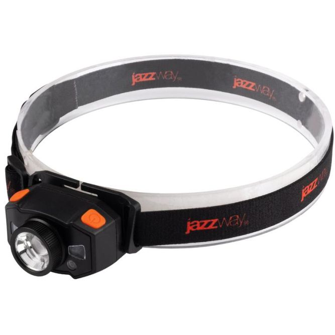 Фонарь аккумуляторный налобный AccuH1-L5WZ-og zoom LED 5Вт + 2хRED SMD IP54 5 режимов: 100проц. 180лм 3.5ч/50проц. 110лм 5.5ч/30проц. 65лм 15ч/красн. 28ч/мигающ. красн. 12ч аккум. 0.8А.ч управл. жестами черн./оранж. JazzWay 5036611