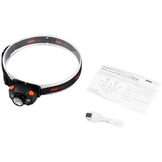 Фонарь аккумуляторный налобный AccuH1-L5WZ-og zoom LED 5Вт + 2хRED SMD IP54 5 режимов: 100проц. 180лм 3.5ч/50проц. 110лм 5.5ч/30проц. 65лм 15ч/красн. 28ч/мигающ. красн. 12ч аккум. 0.8А.ч управл. жестами черн./оранж. JazzWay 5036611