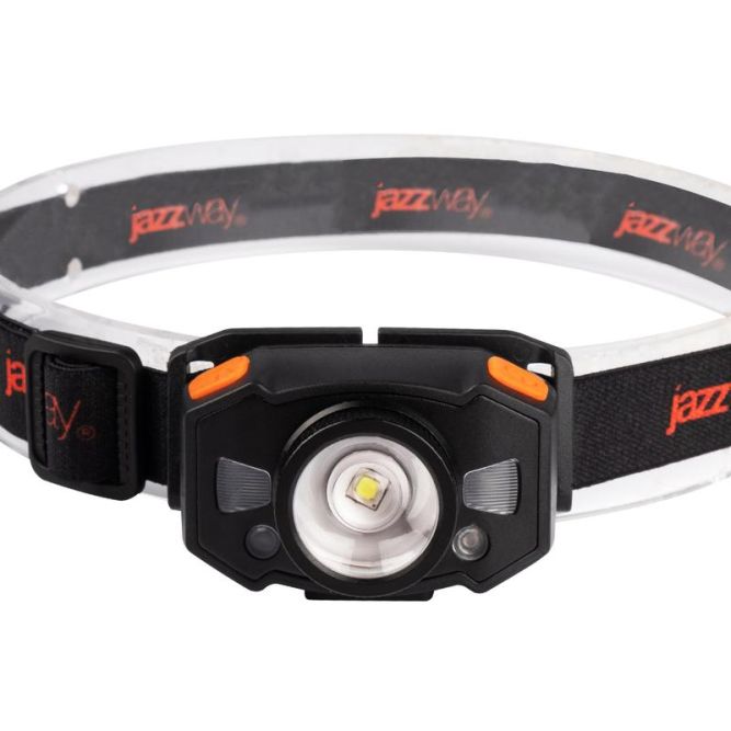 Фонарь аккумуляторный налобный AccuH1-L5WZ-og zoom LED 5Вт + 2хRED SMD IP54 5 режимов: 100проц. 180лм 3.5ч/50проц. 110лм 5.5ч/30проц. 65лм 15ч/красн. 28ч/мигающ. красн. 12ч аккум. 0.8А.ч управл. жестами черн./оранж. JazzWay 5036611