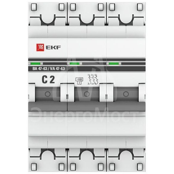 Выключатель автоматический модульный 3п C 2А 4.5кА ВА 47-63 PROxima EKF mcb4763-3-02C-pro