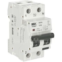 Выключатель автоматический дифференциального тока 2п (1P+NP) C 16 30мА тип A АВДТ B10N 36мм ARMAT IEK AR-B10N-1N-C016A030