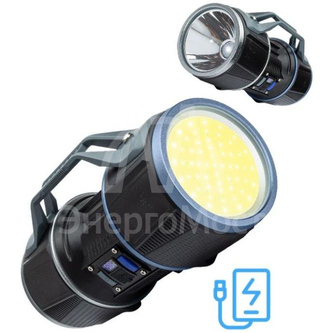 Фонарь-прожектор аккумуляторный ручной 10Вт LED+12Вт COB LED+красн. Li-ion 18650 8000мА.ч Power-bank корпус ABS-пластик индикатор уровня заряда USB-шнур type C гнездо для штатива КОСМОС KOC901Lit