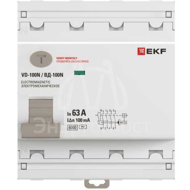 Выключатель дифференциального тока 4п 63А 100мА тип AC 6кА ВД-100N электромех. PROxima EKF E1046M63100