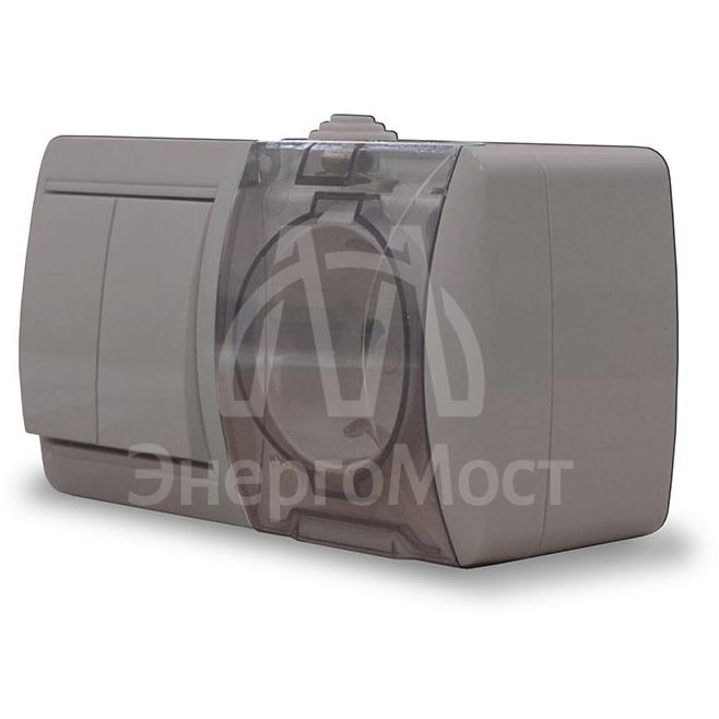 Блок ОП Клио 2-кл. выкл. 10А + розетка 1-м 16А 250В с заземл. с прозр. крышкой сер. Universal К2239-Gr