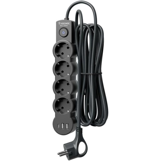 Удлинитель 3х5м с заземл. 10А IP20 USB 2500Вт 220В ПВС 3х1 с выкл. черн. КОСМОС YKsm5m4g-Z-VU10А-B