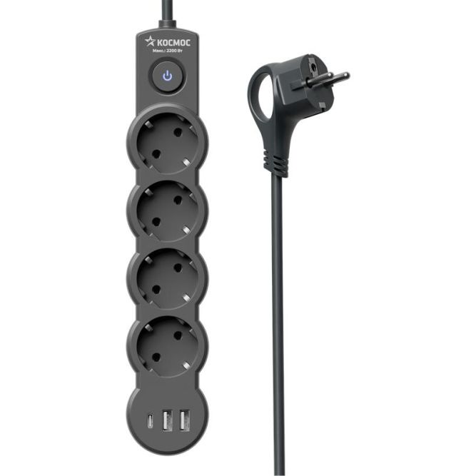 Удлинитель 3х5м с заземл. 10А IP20 USB 2500Вт 220В ПВС 3х1 с выкл. черн. КОСМОС YKsm5m4g-Z-VU10А-B