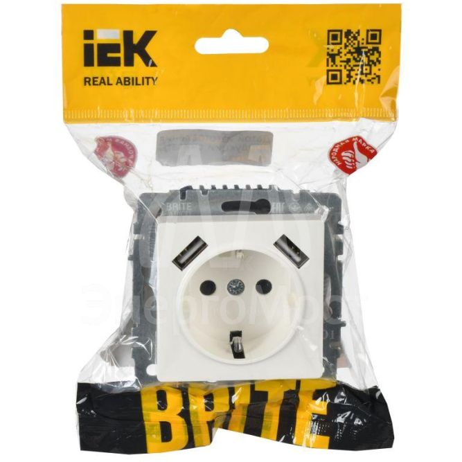 Розетка BRITE РЮш10-1-БрБ 16А с USB A+A 2.1А с заземл. защ. шторки бел. IEK BR-R14-16-U21-D21-K01