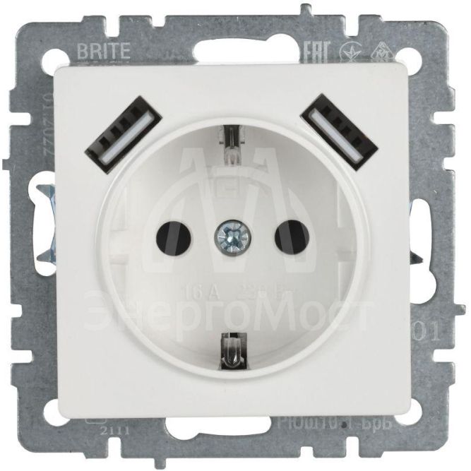 Розетка BRITE РЮш10-1-БрБ 16А с USB A+A 2.1А с заземл. защ. шторки бел. IEK BR-R14-16-U21-D21-K01
