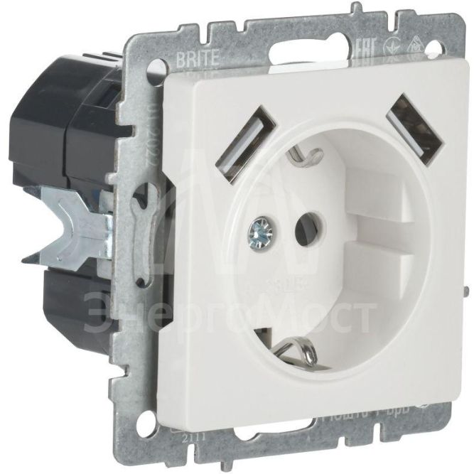 Розетка BRITE РЮш10-1-БрБ 16А с USB A+A 2.1А с заземл. защ. шторки бел. IEK BR-R14-16-U21-D21-K01