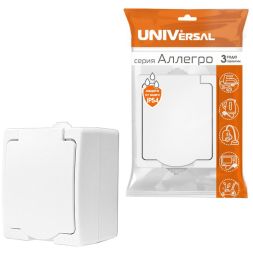 Розетка 1-м ОП Аллегро 16А с защ. крышкой защ. шторки с заземл. IP54 бел. UNIVersal 5563286