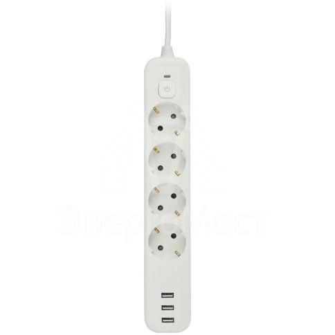 Удлинитель с сетевым фильтром 4х3м с заземл. 10А USF-4es-3m-3xUSBA-W +3xUSBA 3.1A с выкл. с базов. защитой бел. Эра Б0059569