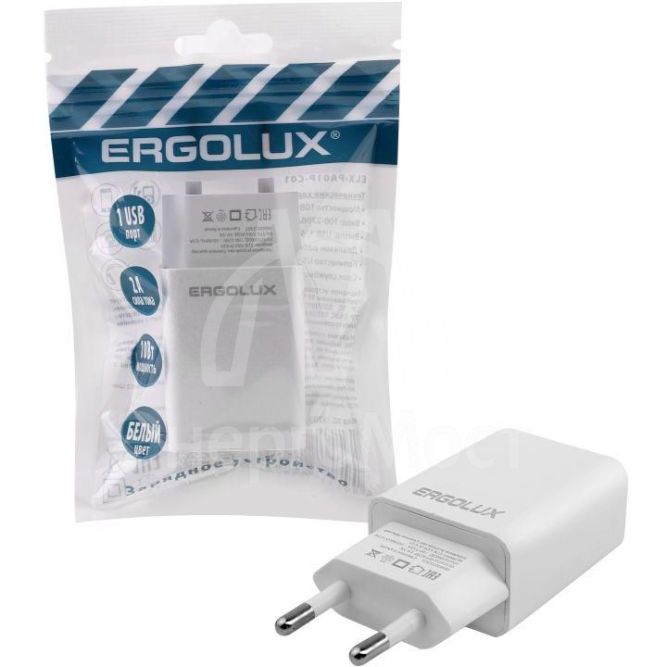 Адаптер сетевой 1USB 100-220В 5-9В/2А пакет бел. Ergolux 15203