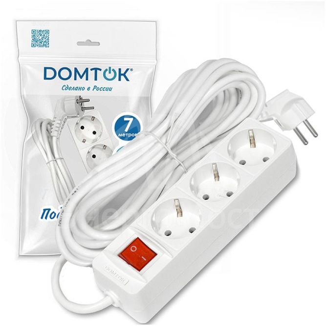 Удлинитель 3х7м с заземл. 16А IP20 3.5кВт ПВС 3х1 с выкл. бел. DOMTOK 2383