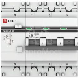 Выключатель автоматический дифференциального тока 4п C 50А 30мА тип AC 4.5кА АД-32 защита 270В электрон. PROxima EKF DA32-50-30-4P-pro
