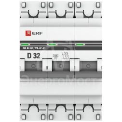 Выключатель автоматический модульный 3п D 32А 4.5кА ВА 47-63 PROxima EKF mcb4763-3-32D-pro