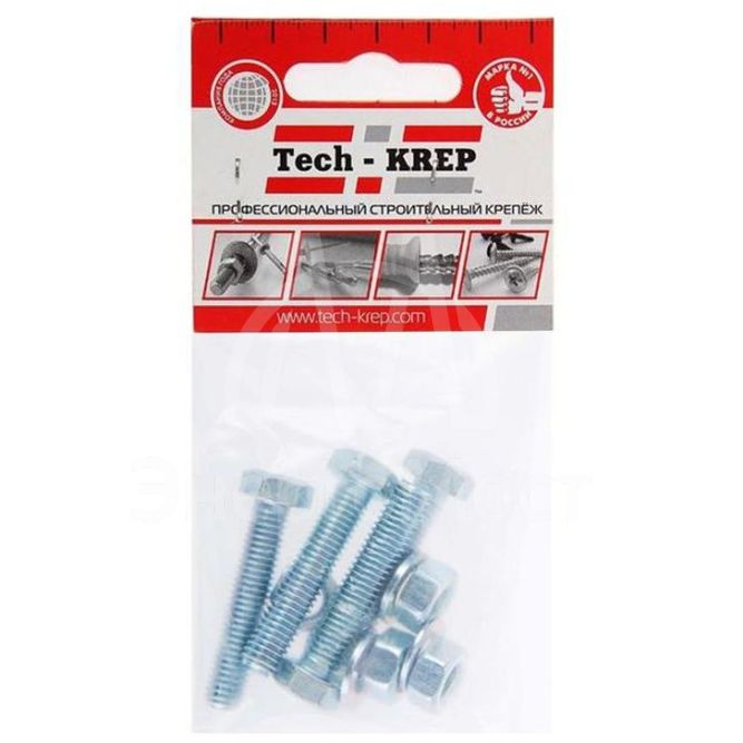 Болт М8х30 с шестигранной головкой цинк. с гайк. и шайб. DIN 933 (уп.4шт) класс прочности 8.8. пакет Tech-Krep 112722