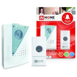 Звонок беспроводной полиф. ЗБ-7 32 мелодии 120м с цифр. кодир. с кнопкой IP44 бел./сер. IN HOME 4690612013350