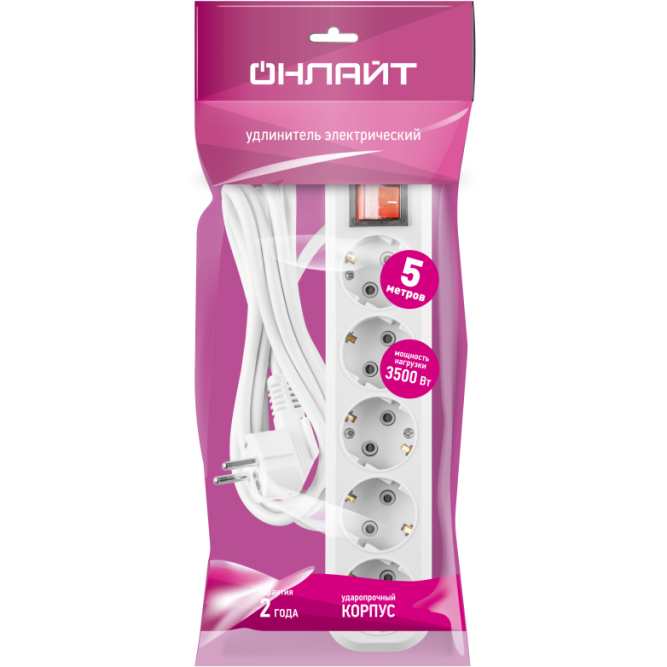 Удлинитель 5х5м с заземл. 16А IP20 90 812 OPE-S-05-500-ESC-3x1 с кнопкой бел. ОНЛАЙТ 90812
