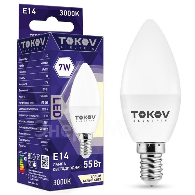 Лампа светодиодная 7Вт С37 3000К Е14 176-264В TOKOV ELECTRIC TKE-C37-E14-7-3K