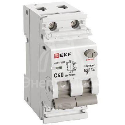 Выключатель автоматический дифференциального тока 2п (1P+N) C 40А 30мА тип A 6кА АВДТ-63N (электрон.) PROxima EKF D63N26EA40C30