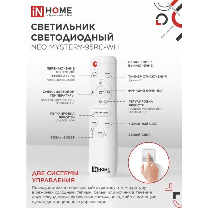 Светильник светодиодный NEO MYSTERY-95RC-WH 95Вт 3000-6500К 7600лм 230В 465х70мм с пультом ДУ бел. IN HOME 4690612060910