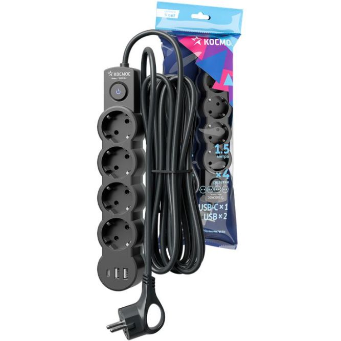 Удлинитель 3х1.5м с заземл. 10А IP20 USB 2500Вт 220В ПВС 3х1 с выкл. черн. КОСМОС YKsm1.5m4g-Z-VU10А-B