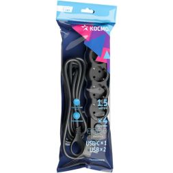 Удлинитель 3х1.5м с заземл. 10А IP20 USB 2500Вт 220В ПВС 3х1 с выкл. черн. КОСМОС YKsm1.5m4g-Z-VU10А-B