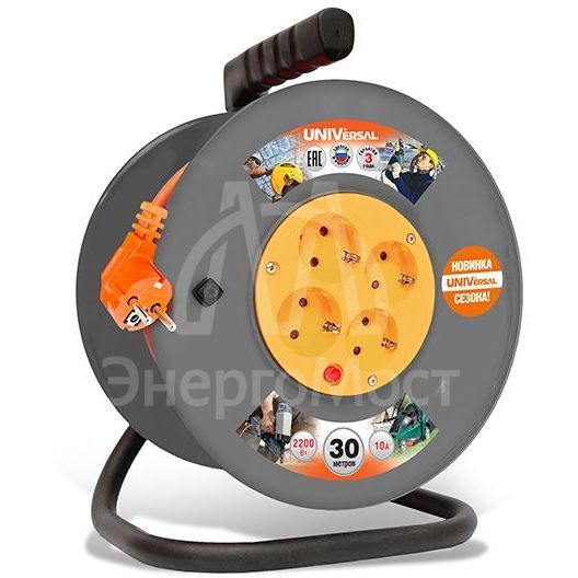 Удлинитель на катушке 4х30м с заземл. 6А IP44 ВЕМ-250 термо ПВС 3х0.75 розетки с защ. шторками UNIVersal 1680