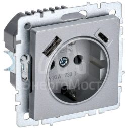 Розетка BRITE РЮш11-1-БрА 16А с USB A+C 18Вт с заземл. защ. шторки алюм. IEK BR-R14-16-U22-018-K47