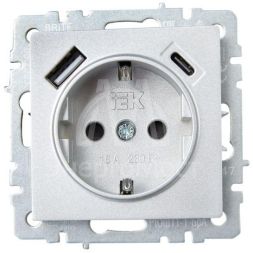 Розетка BRITE РЮш11-1-БрА 16А с USB A+C 18Вт с заземл. защ. шторки алюм. IEK BR-R14-16-U22-018-K47