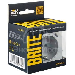 Розетка BRITE РЮш11-1-БрА 16А с USB A+C 18Вт с заземл. защ. шторки алюм. IEK BR-R14-16-U22-018-K47