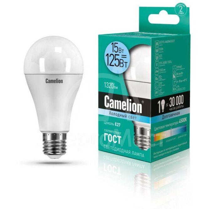 Лампа светодиодная LED15-A60/845/E27 15Вт грушевидная 4500К E27 1320лм 220В бел. Camelion 12186
