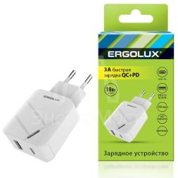 Адаптер сетевой 18Вт 1USB+1Type C 100-220В 5-9В/3А QC коробка бел. Ergolux 15252