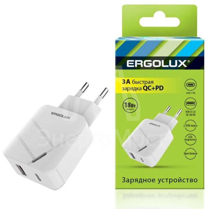 Адаптер сетевой 18Вт 1USB+1Type C 100-220В 5-9В/3А QC коробка бел. Ergolux 15252