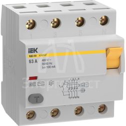 Выключатель дифференциального тока (УЗО) 4п 63А 100мА 6кА тип AC ВД3-63 KARAT IEK MDV20-4-063-100