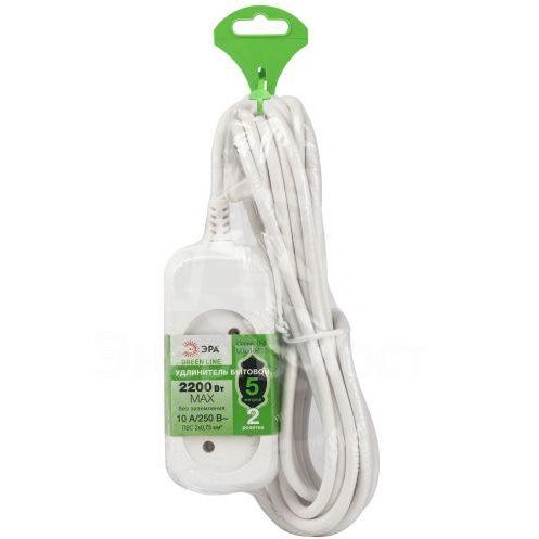 Удлинитель электрический UDL-10-250 Greenline 2 розетки без заземления 5м ПВС 2х0.75кв.мм Эра Б0065044