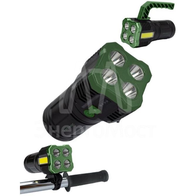 Фонарь-прожектор аккумуляторный ручной 4Вт SMD LED+3Вт COB LED Li-ion 18650 1200мА.ч корпус ABS-пластик индикатор уровня заряда USB-шнур съемные ручка и регул. противоскол. резин. держатель-крепл. для велосипеда КОСМОС KOC902Lit