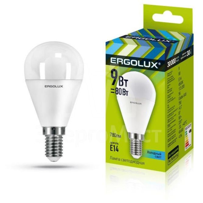 Лампа светодиодная LED-G45-9W-E14-4К Шар 9Вт E14 4000К 172-265В Ergolux 13174