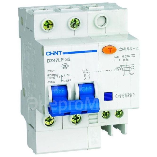 Выключатель автоматический дифференциального тока 2п C 6А 30мА тип AC 6кА DZ47LE-32 CHINT 199628